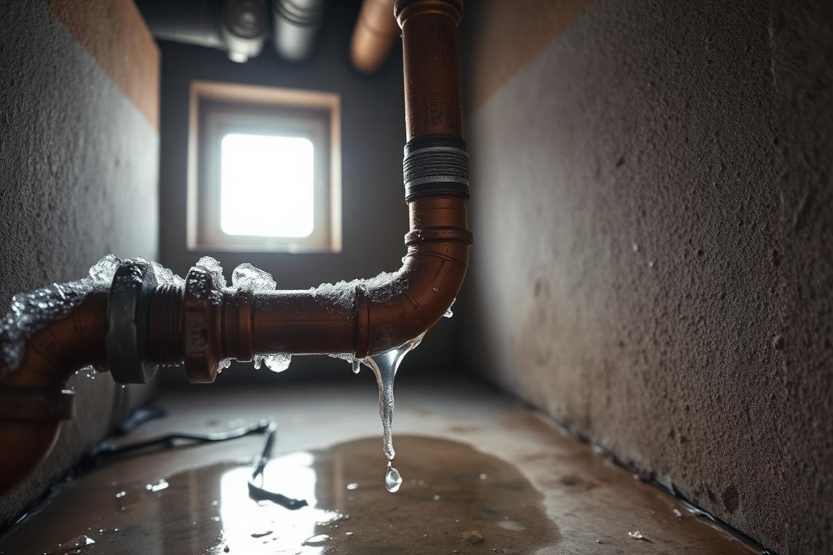 Frozen and split copper supply pipe leaking onto a concrete floor in a Utah home